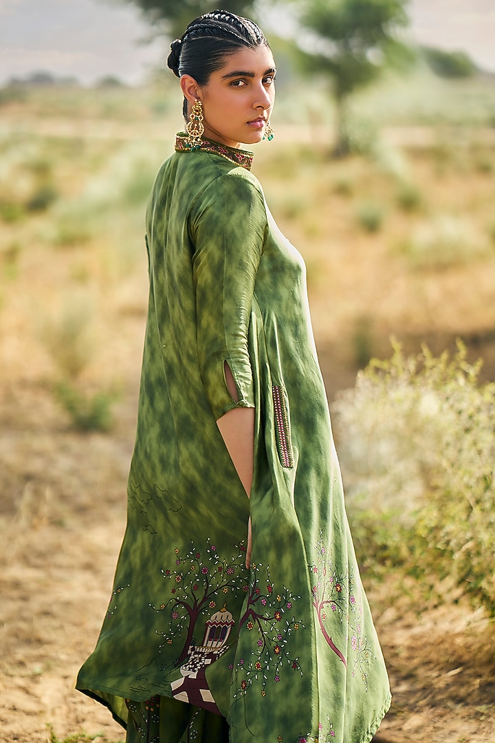 Green Satin Silk Printed Kaftan Set by Punit Balana at Pernia's Pop Up Shop