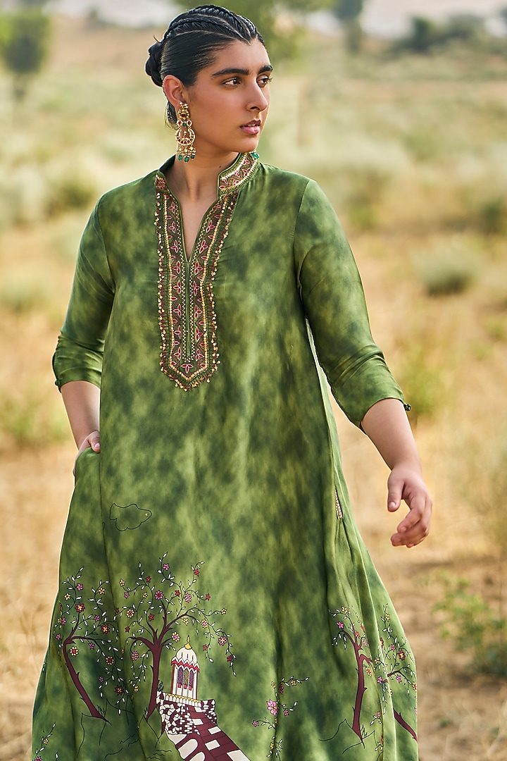 Green Satin Silk Printed Kaftan Set by Punit Balana at Pernia's Pop Up Shop