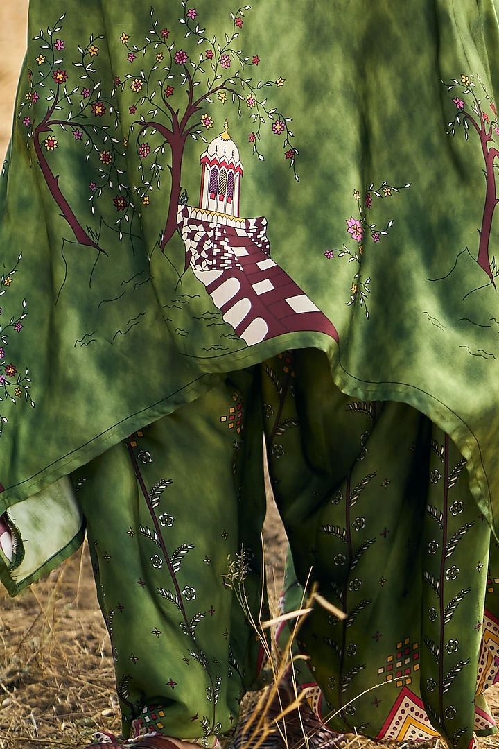 Green Satin Silk Printed Kaftan Set by Punit Balana at Pernia's Pop Up Shop
