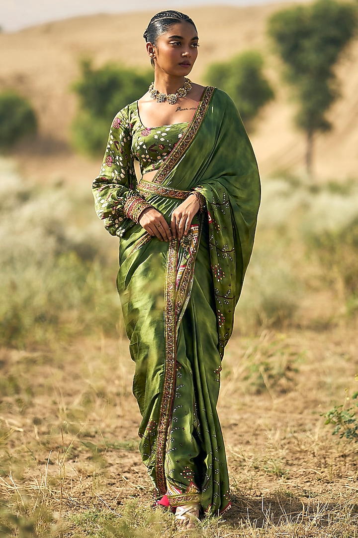 Green Satin Silk Printed Saree Set by Punit Balana