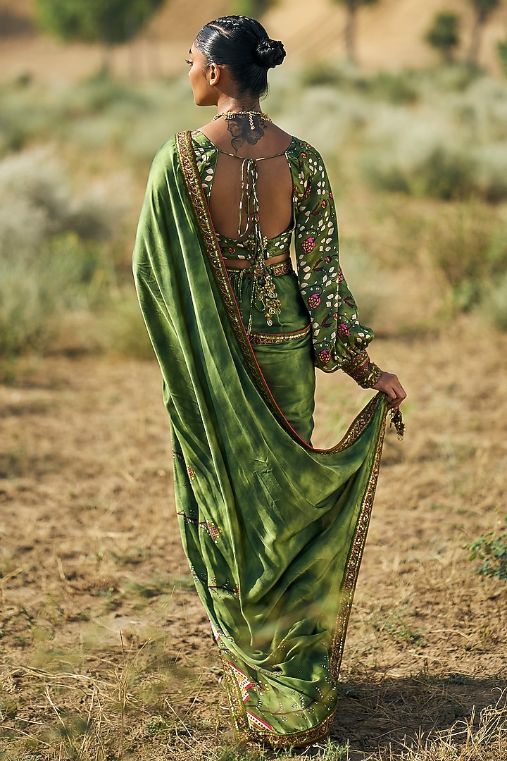 Green Satin Silk Printed Wedding Saree Set by Punit Balana at Pernia's Pop Up Shop