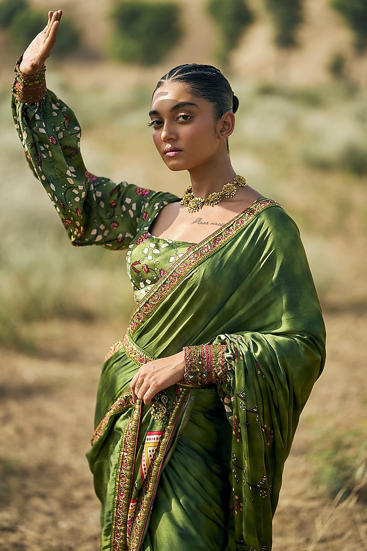 Green Satin Silk Printed Wedding Saree Set by Punit Balana at Pernia's Pop Up Shop