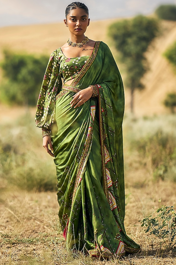 Green Satin Silk Printed Wedding Saree Set by Punit Balana at Pernia's Pop Up Shop