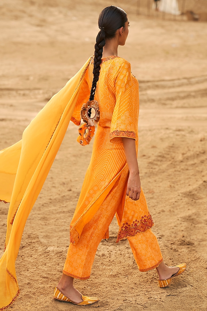 Mustard Chanderi Silk Bandhani Printed Kurta Set by Punit Balana at Pernia's Pop Up Shop