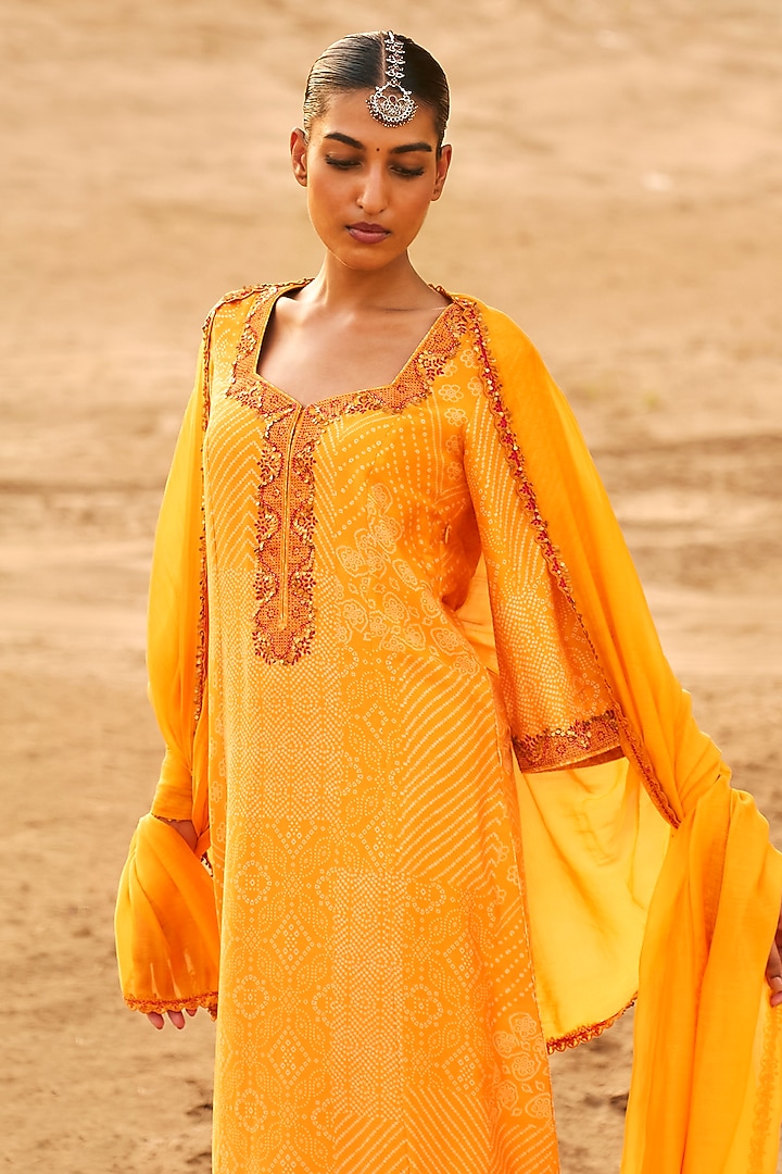Mustard Chanderi Silk Bandhani Printed Kurta Set by Punit Balana at Pernia's Pop Up Shop