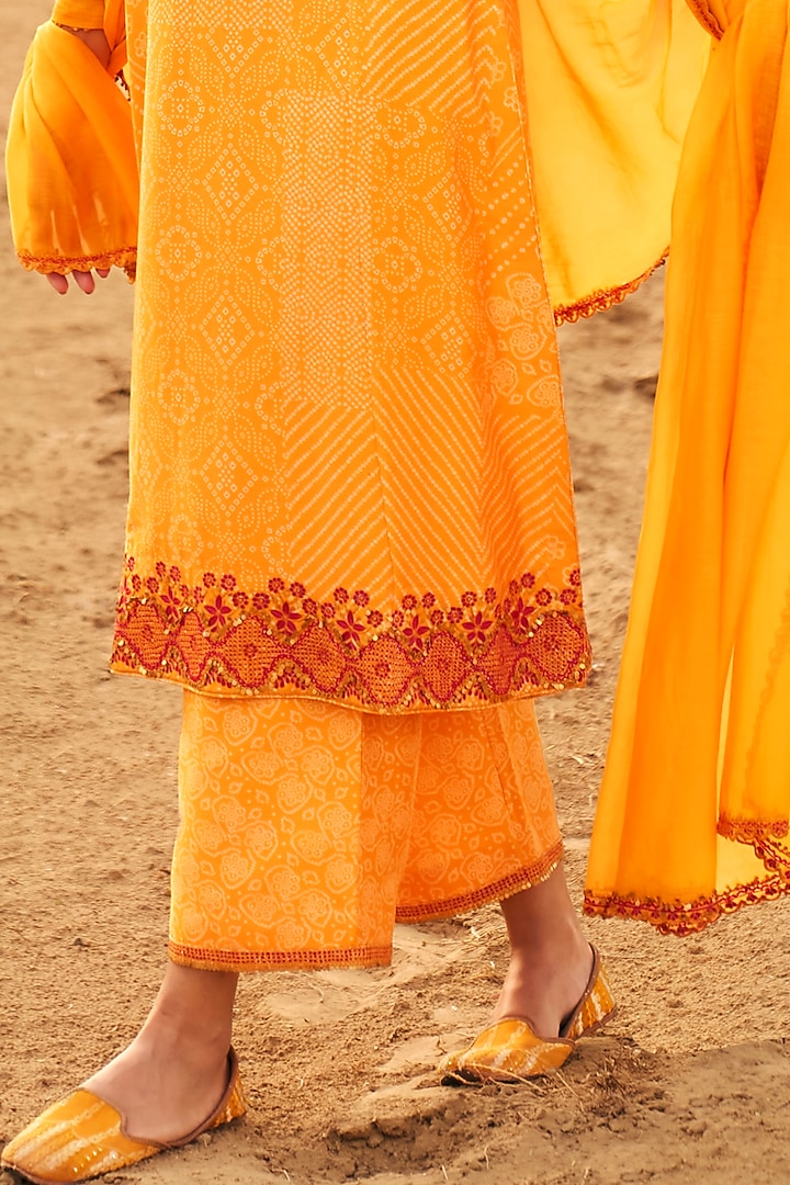Mustard Chanderi Silk Bandhani Printed Kurta Set by Punit Balana at Pernia's Pop Up Shop