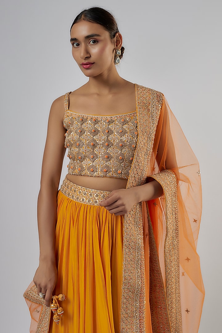 Mustard Pure Silk Dabka Work Crushed Wedding Lehenga Set by Punit Balana at Pernia's Pop Up Shop