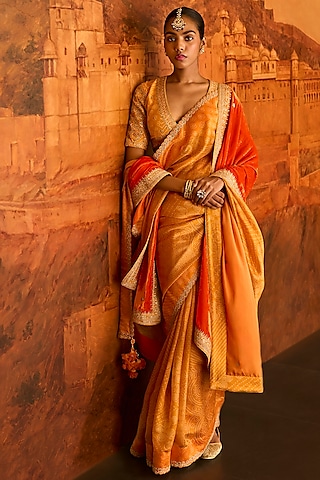 Mustard Organza Silk Bandhani Printed & Dori Work Saree Set by Punit Balana