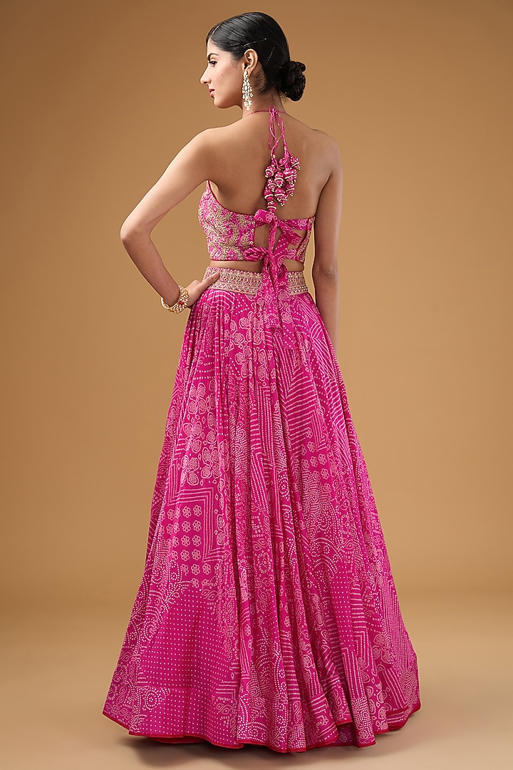 Pink Chanderi Silk & Organza Silk Bandhej Printed Wedding Lehenga Set by Punit Balana at Pernia's Pop Up Shop