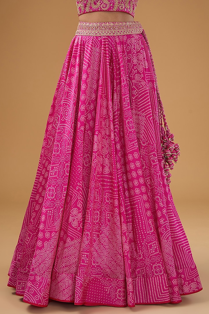 Pink Chanderi Silk & Organza Silk Bandhej Printed Wedding Lehenga Set by Punit Balana at Pernia's Pop Up Shop