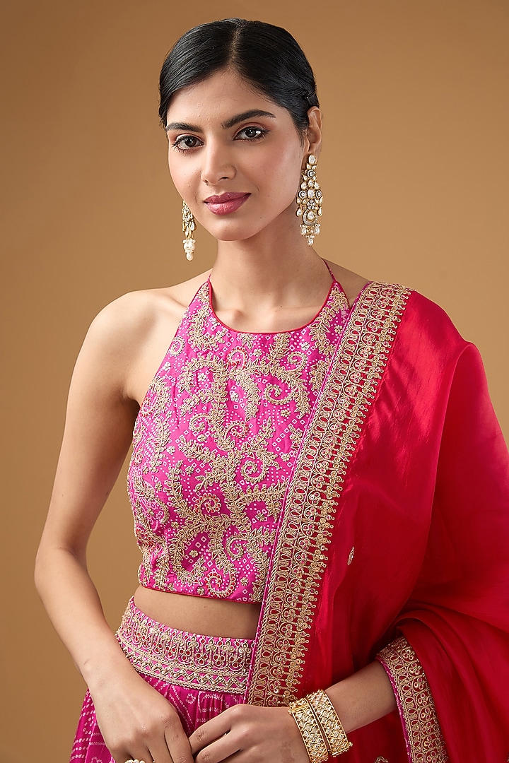 Pink Chanderi Silk & Organza Silk Bandhej Printed Wedding Lehenga Set by Punit Balana at Pernia's Pop Up Shop