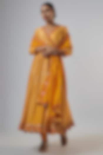 Mustard Chanderi Silk Resham Work Bandhani Angrakha Anarkali Set by Punit Balana