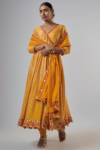 Mustard Chanderi Silk Resham Work Bandhani Angrakha Anarkali Set by Punit Balana