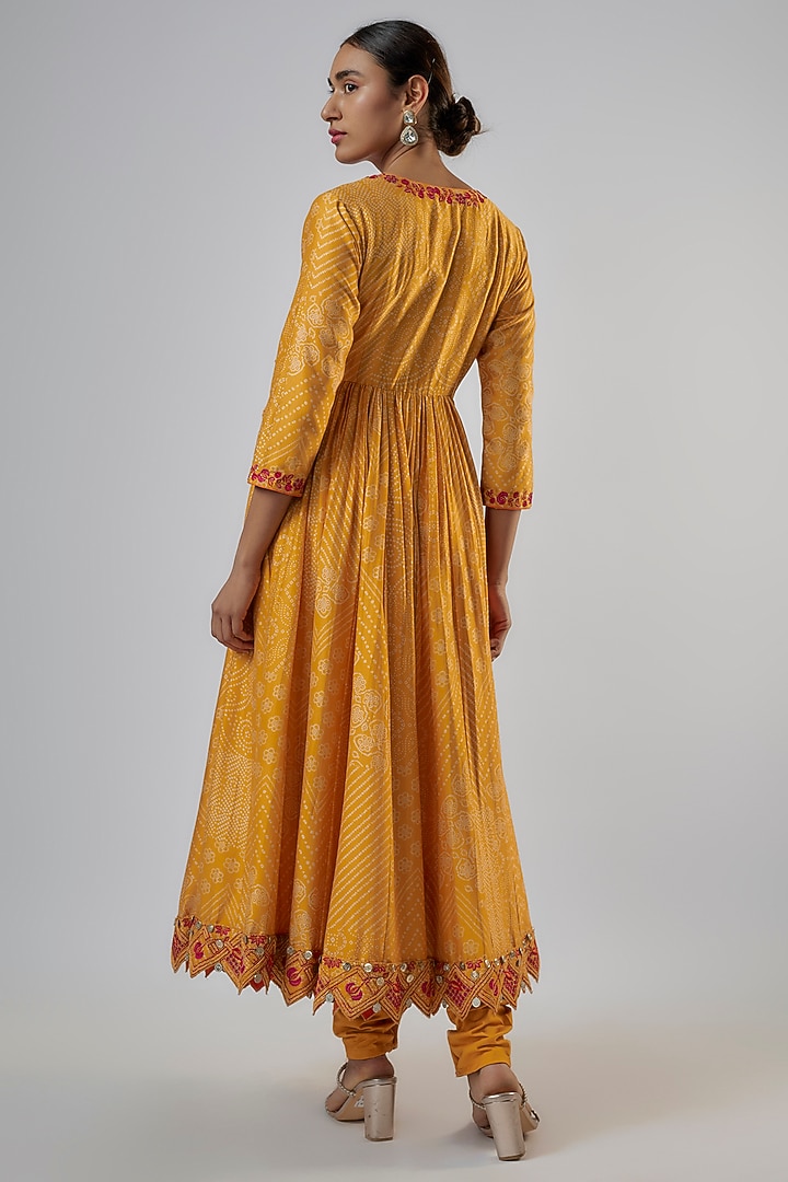 Mustard Chanderi Silk Resham Work Bandhani Angrakha Wedding Anarkali Set by Punit Balana at Pernia's Pop Up Shop