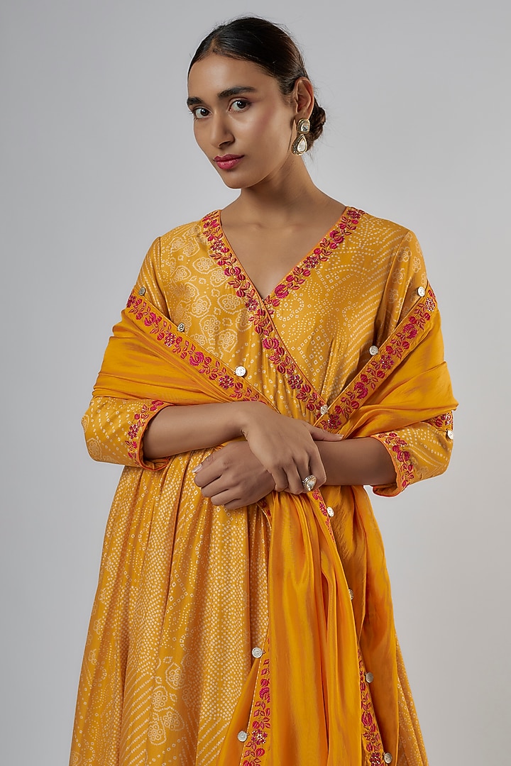 Mustard Chanderi Silk Resham Work Bandhani Angrakha Wedding Anarkali Set by Punit Balana at Pernia's Pop Up Shop