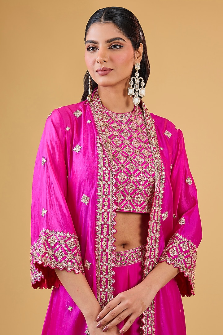 Pink Organza Silk & Silk Marodi Embroidered Cape Set by Punit Balana at Pernia's Pop Up Shop