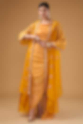 Yellow Satin Silk Bandhani Embellished Draped Skirt Set by Punit Balana at Pernia's Pop Up Shop