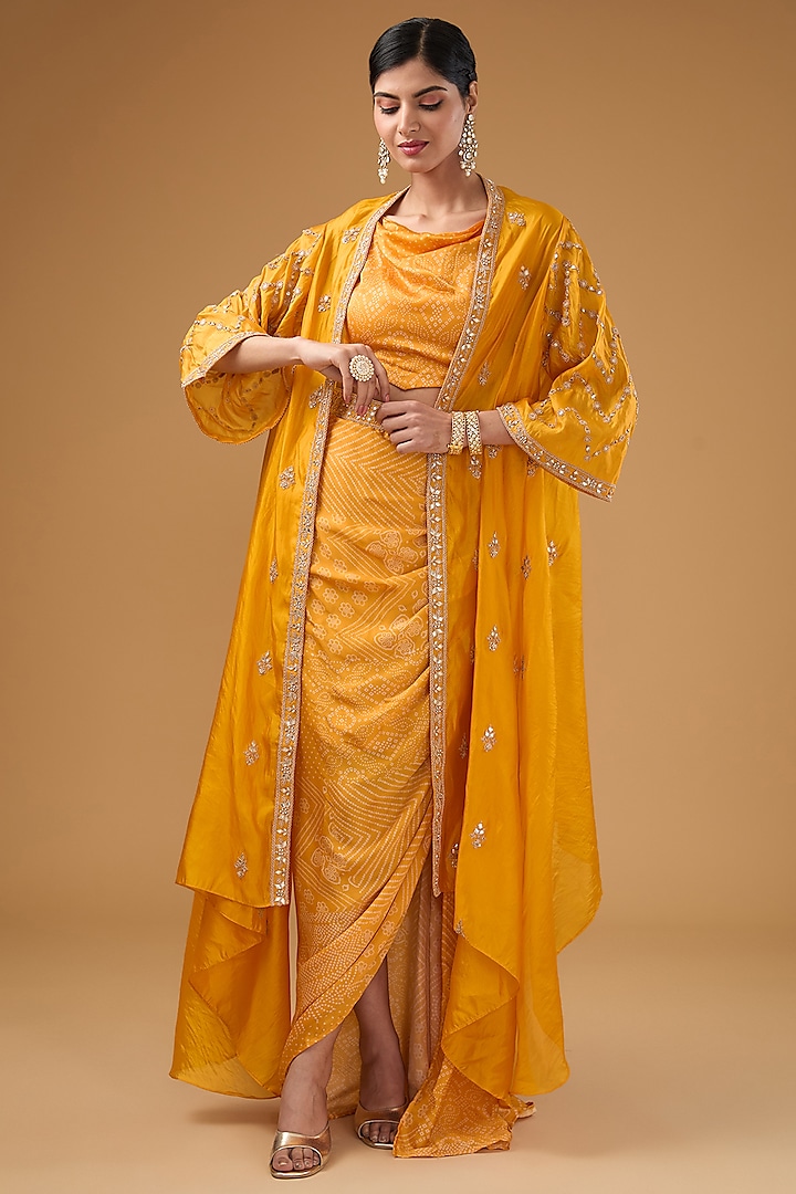 Yellow Satin Silk Bandhani Embellished Draped Skirt Set by Punit Balana at Pernia's Pop Up Shop