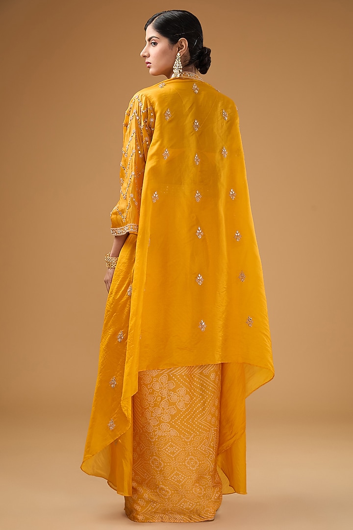 Yellow Satin Silk Bandhani Embellished Draped Skirt Set by Punit Balana at Pernia's Pop Up Shop