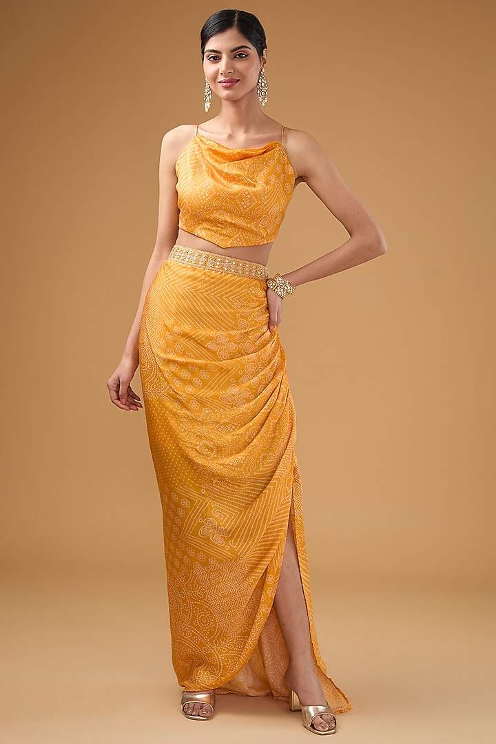 Yellow Satin Silk Bandhani Embellished Draped Skirt Set by Punit Balana at Pernia's Pop Up Shop