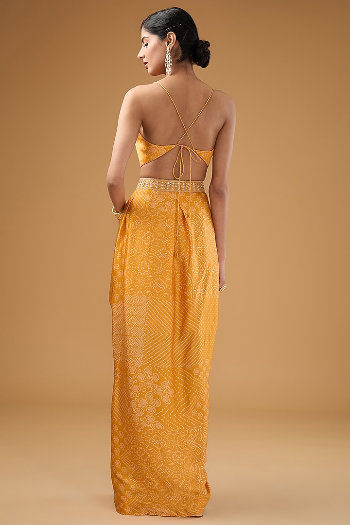Yellow Satin Silk Bandhani Embellished Draped Skirt Set by Punit Balana at Pernia's Pop Up Shop