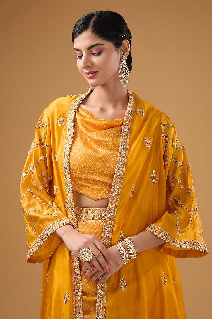 Yellow Satin Silk Bandhani Embellished Draped Skirt Set by Punit Balana at Pernia's Pop Up Shop