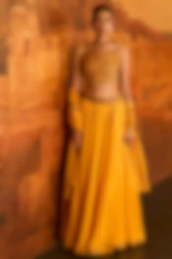 Mustard Chanderi Silk Lehenga Set by Punit Balana