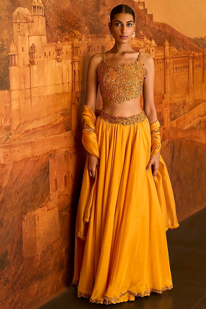 Mustard Chanderi Silk Lehenga Set by Punit Balana