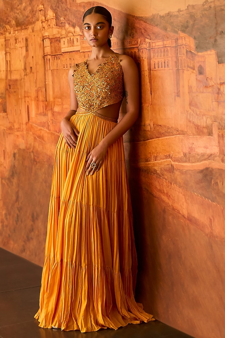 Mustard Satin Silk Resham Embroidered Maxi Cocktail Dress by Punit Balana at Pernia's Pop Up Shop