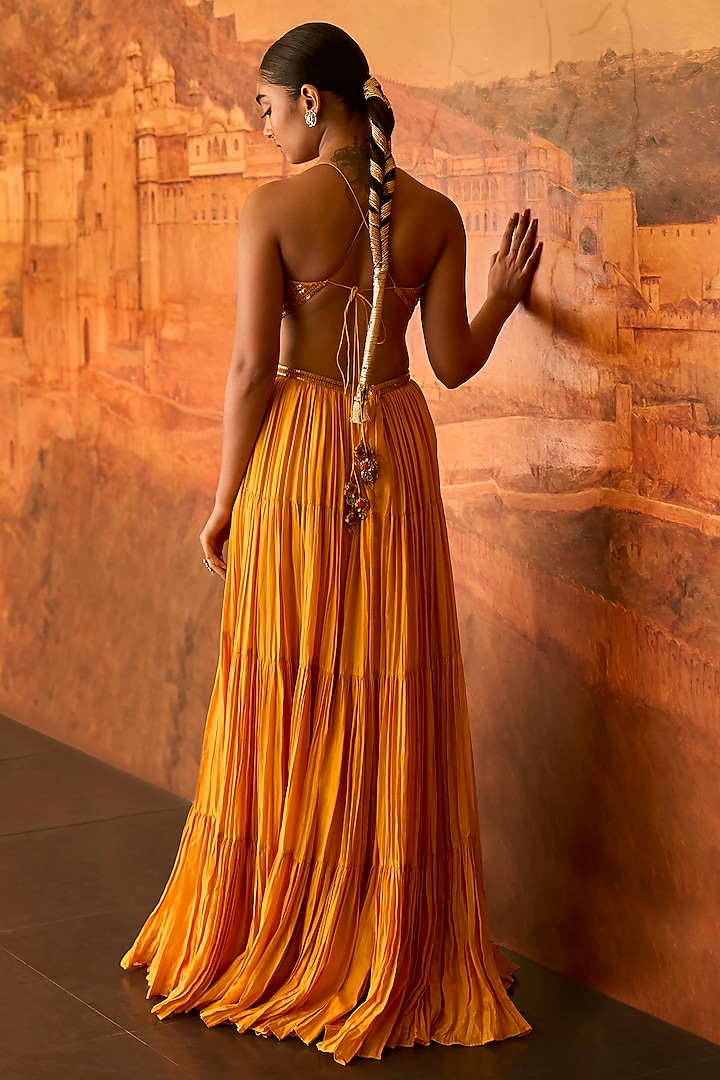 Mustard Satin Silk Resham Embroidered Maxi Cocktail Dress by Punit Balana at Pernia's Pop Up Shop