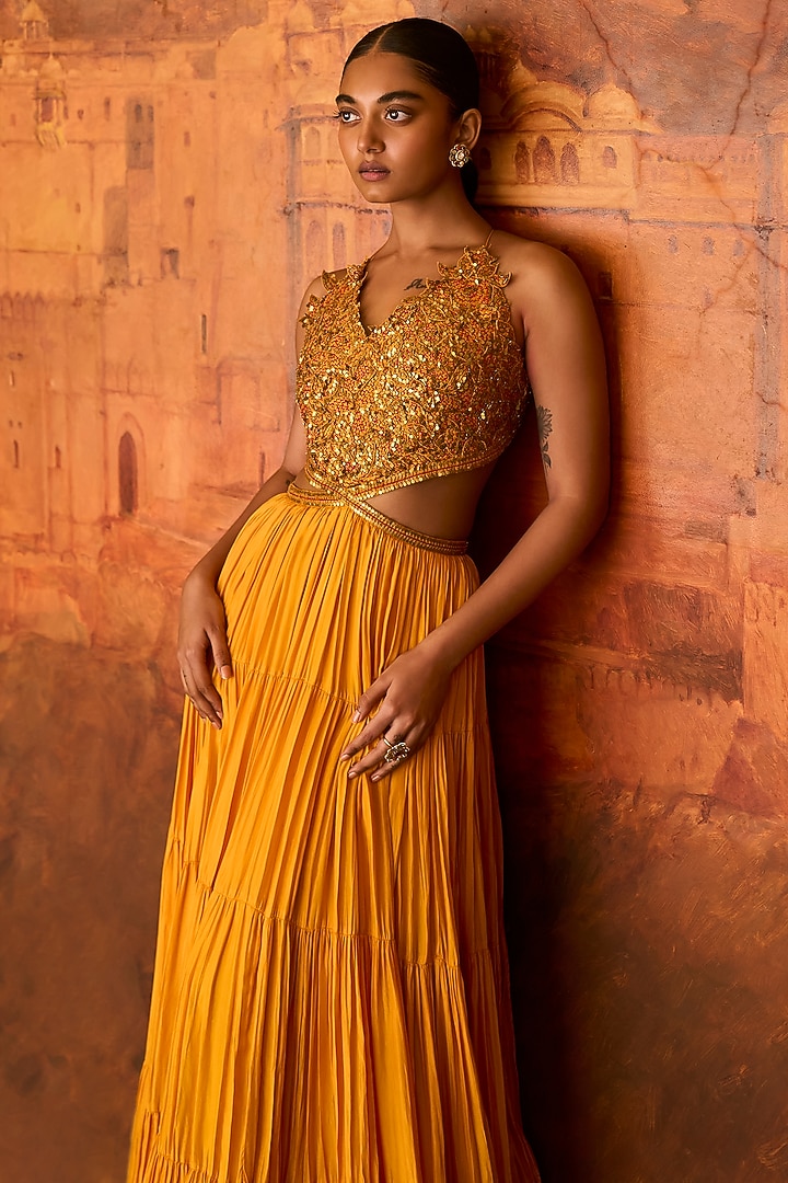 Mustard Satin Silk Resham Embroidered Maxi Cocktail Dress by Punit Balana at Pernia's Pop Up Shop
