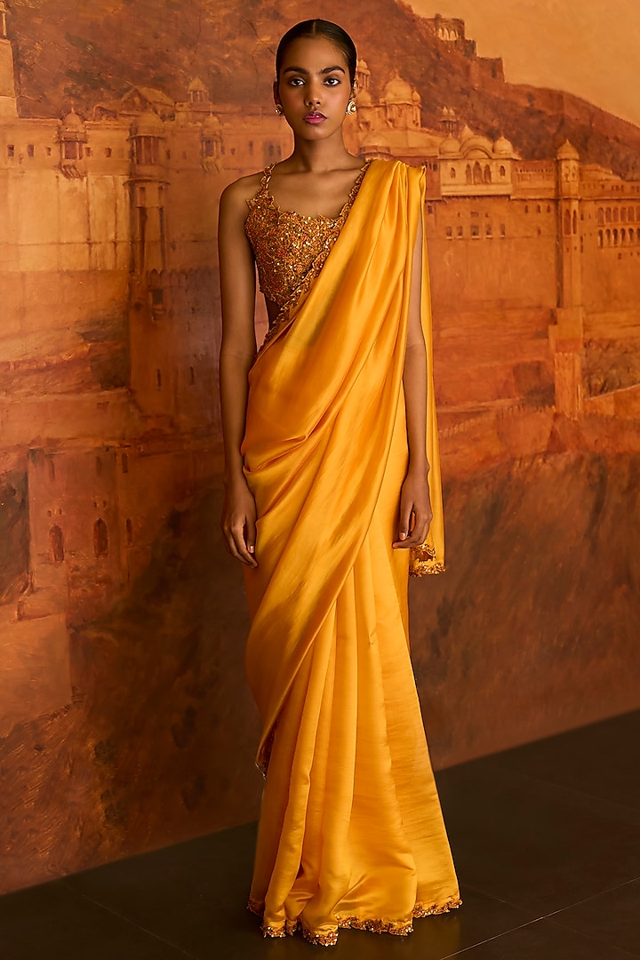 Mustard Chanderi Silk Saree Set by Punit Balana