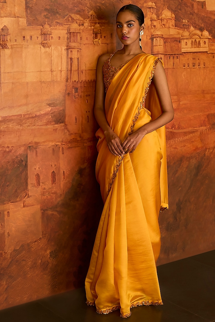 Mustard Chanderi Silk Wedding Saree Set by Punit Balana at Pernia's Pop Up Shop