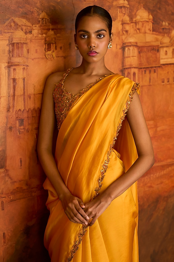Mustard Chanderi Silk Wedding Saree Set by Punit Balana at Pernia's Pop Up Shop