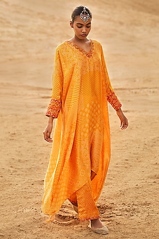Mustard Satin Silk Printed Kaftan Set by Punit Balana