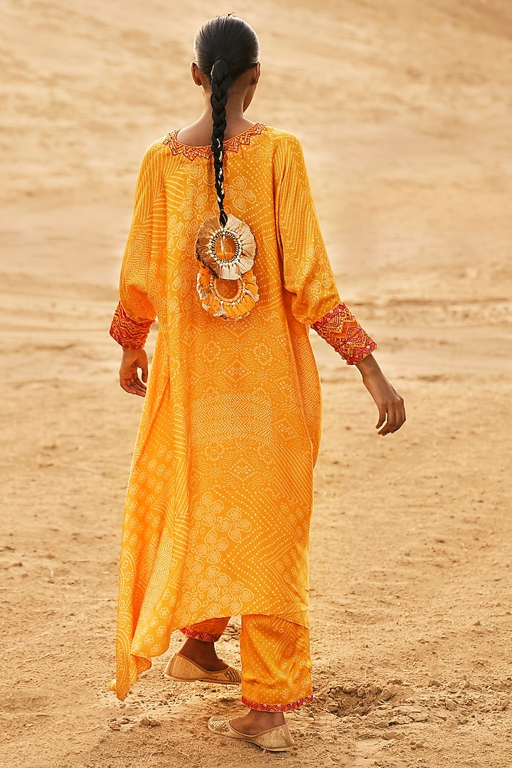 Mustard Satin Silk Printed Kaftan Set by Punit Balana at Pernia's Pop Up Shop