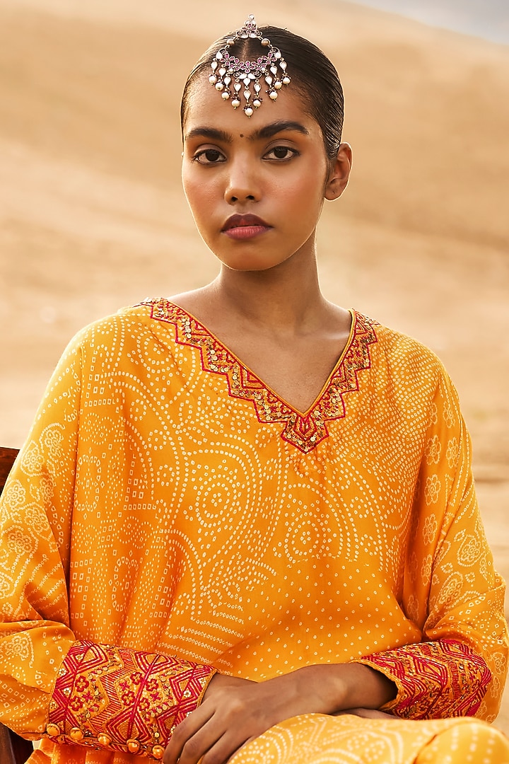 Mustard Satin Silk Printed Kaftan Set by Punit Balana at Pernia's Pop Up Shop