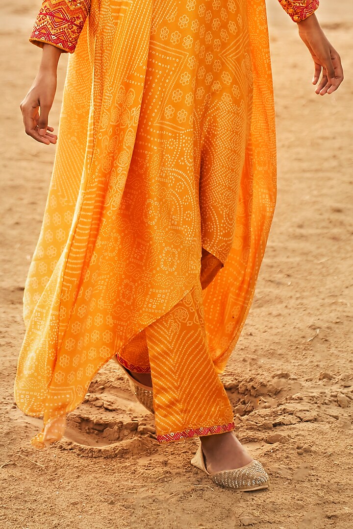Mustard Satin Silk Printed Kaftan Set by Punit Balana at Pernia's Pop Up Shop