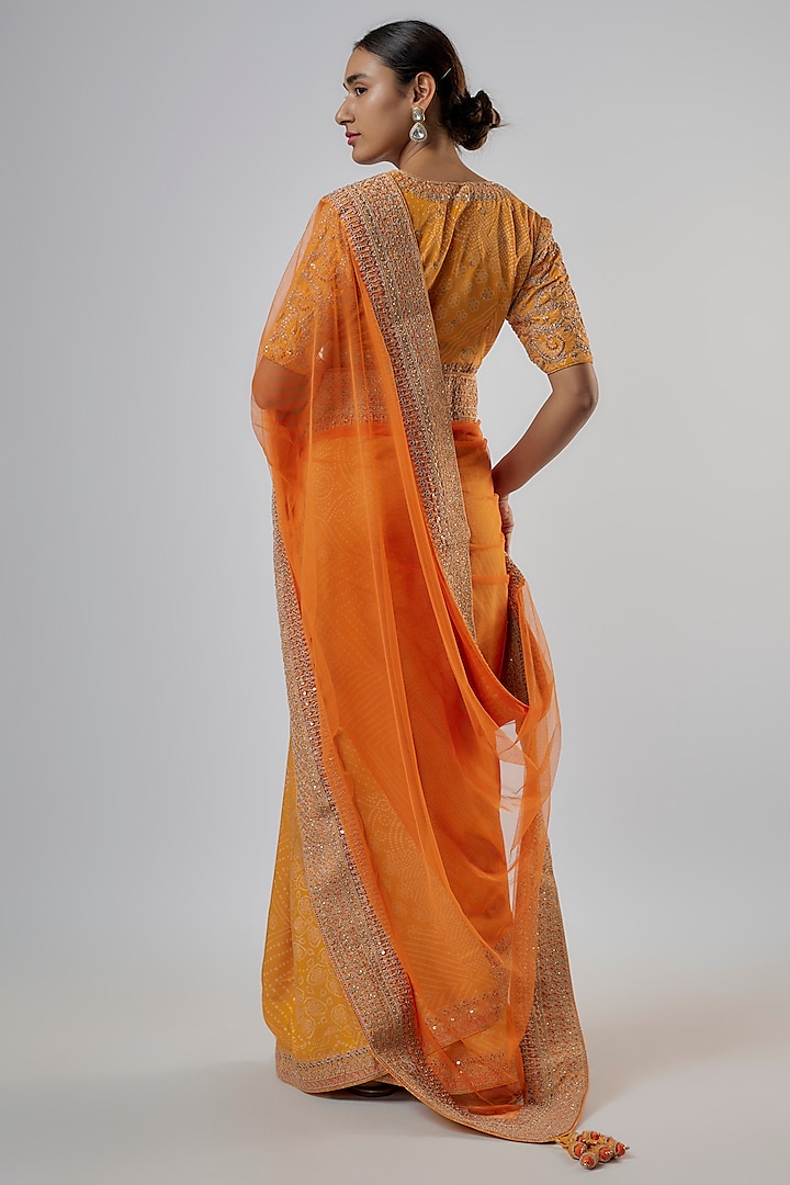 Mustard Net & Silk Bandhani Wedding Saree Set by Punit Balana at Pernia's Pop Up Shop