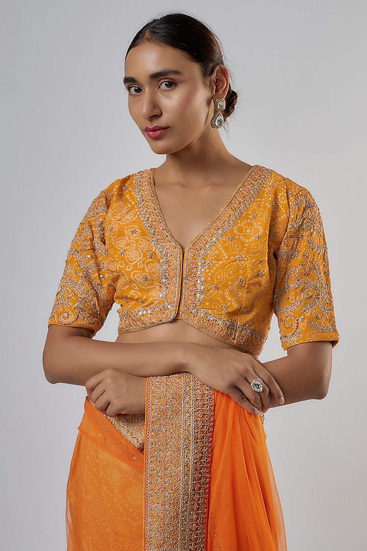 Mustard Net & Silk Bandhani Wedding Saree Set by Punit Balana at Pernia's Pop Up Shop