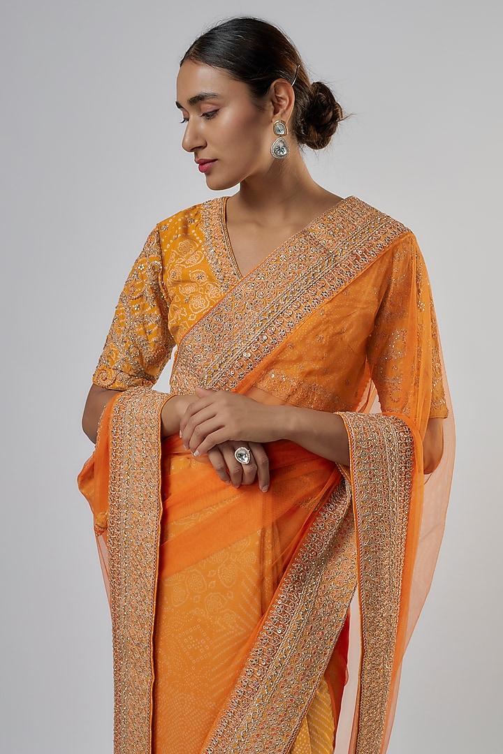 Mustard Net & Silk Bandhani Wedding Saree Set by Punit Balana at Pernia's Pop Up Shop