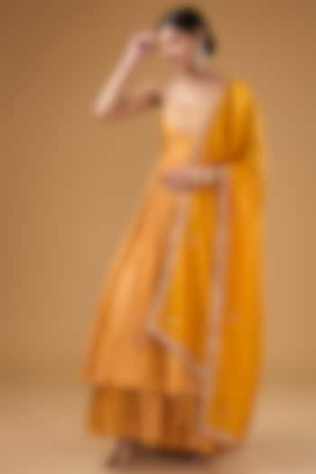 Yellow Chanderi Silk & Organza Silk Marodi Work Anarkali Set by Punit Balana