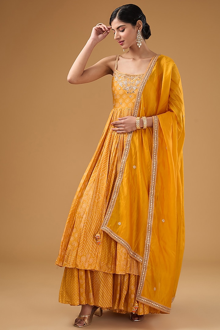 Yellow Chanderi Silk & Organza Silk Marodi Work Anarkali Set by Punit Balana