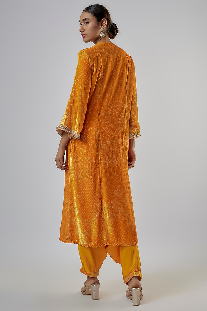 Mustard Velvet Bandhani Kurta Set by Punit Balana at Pernia's Pop Up Shop