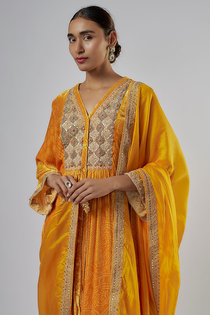 Mustard Velvet Bandhani Kurta Set by Punit Balana at Pernia's Pop Up Shop