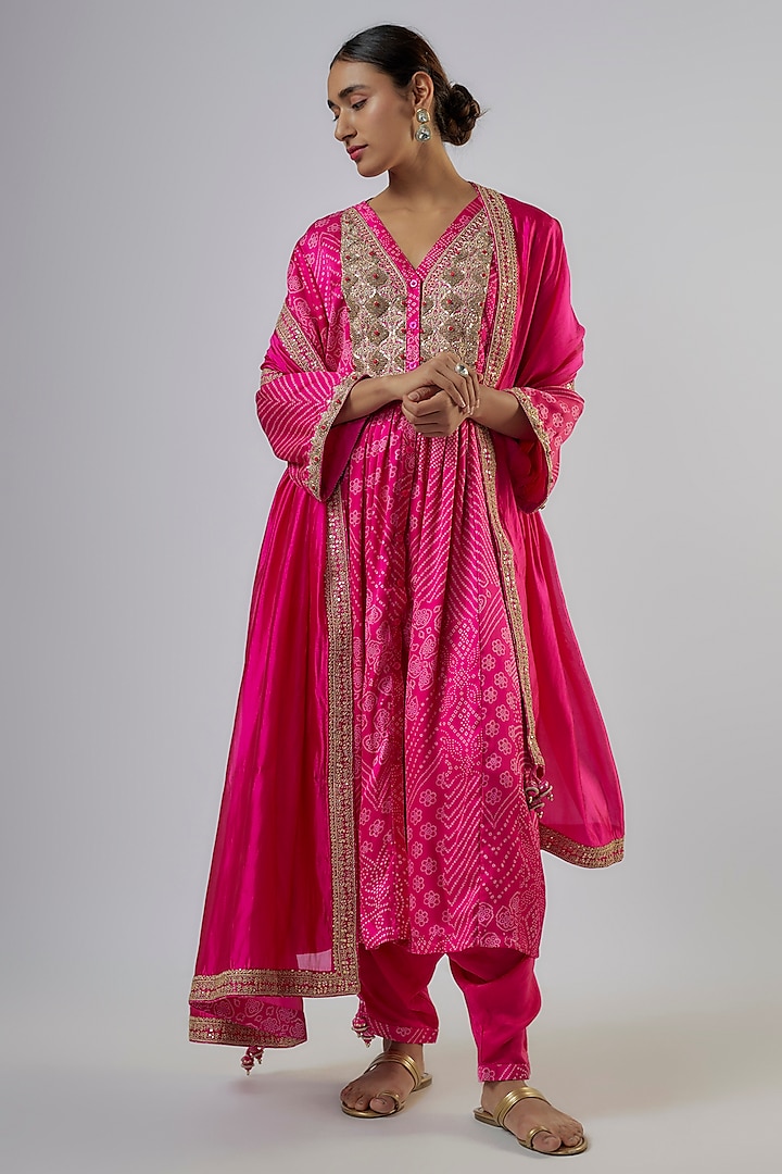 Hot Pink Satin Silk & Organza Silk Embellished Bandhani Kurta Set by Punit Balana