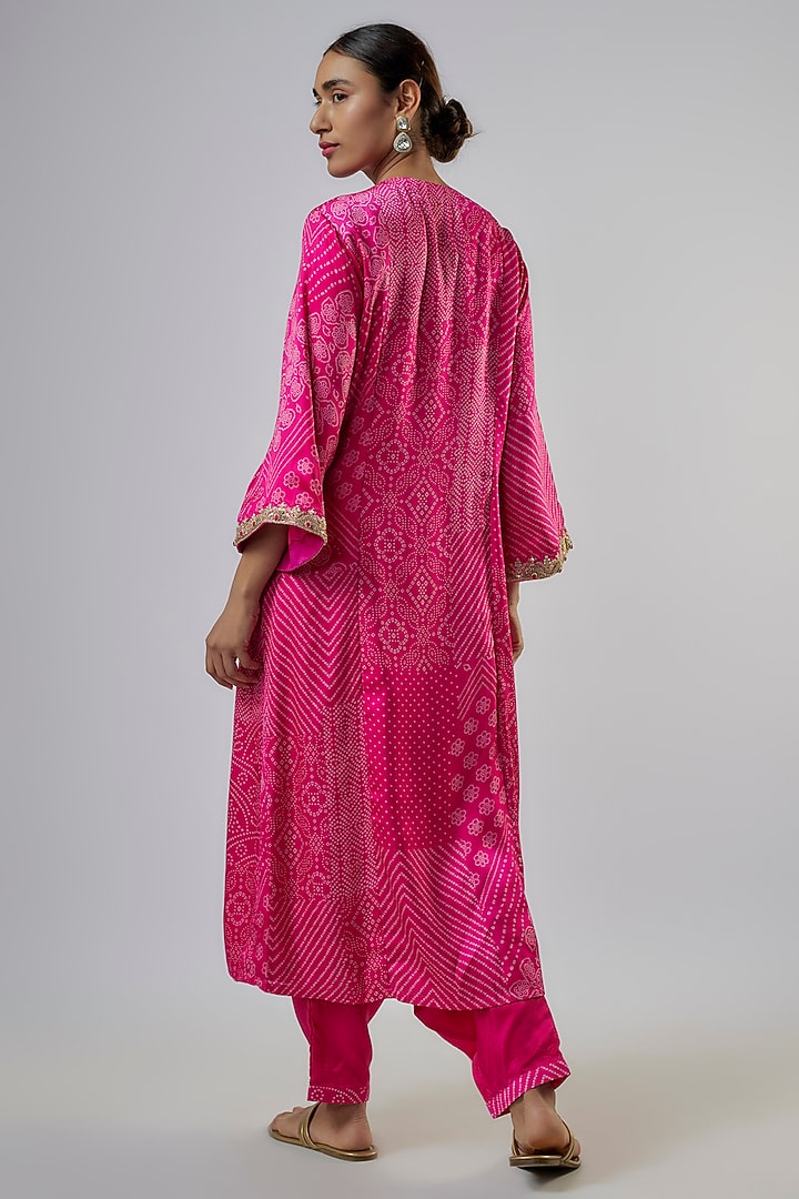 Hot Pink Satin Silk & Organza Silk Embellished Bandhani Kurta Set by Punit Balana at Pernia's Pop Up Shop