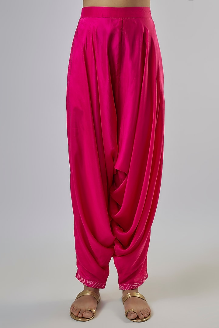 Hot Pink Satin Silk & Organza Silk Embellished Bandhani Kurta Set by Punit Balana at Pernia's Pop Up Shop