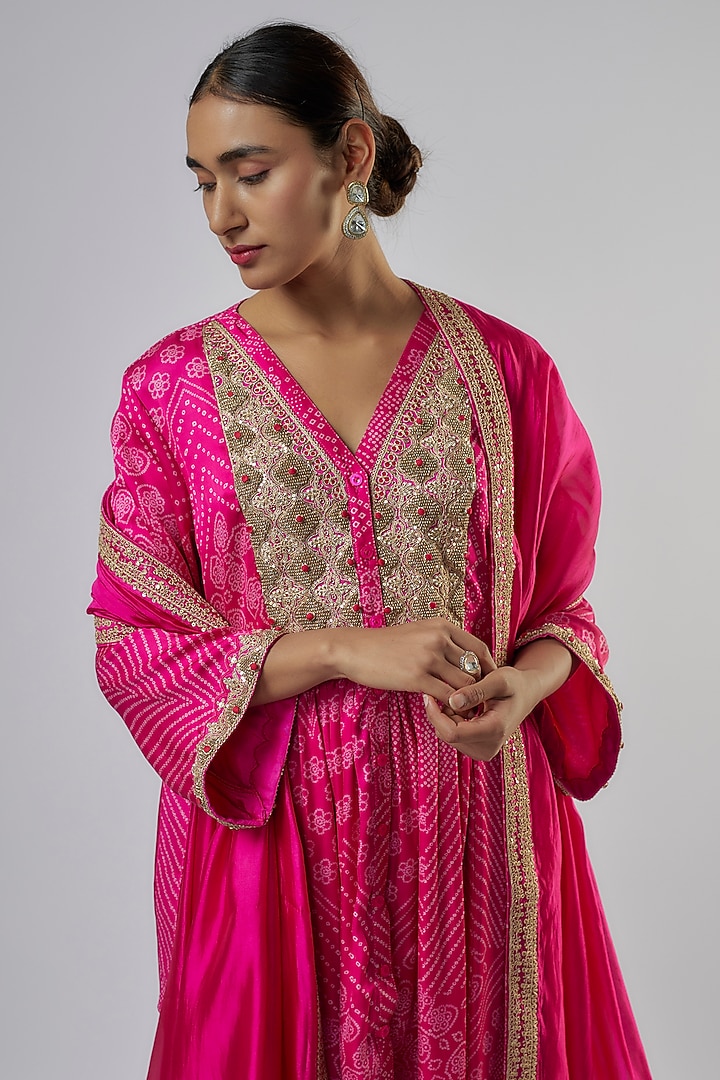 Hot Pink Satin Silk & Organza Silk Embellished Bandhani Kurta Set by Punit Balana at Pernia's Pop Up Shop