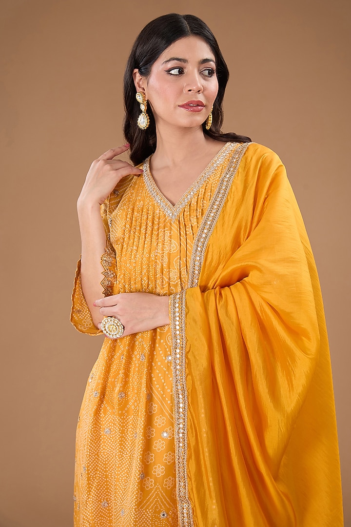 Mustard Silk Bandhani Choga Kurta Set by Punit Balana at Pernia's Pop Up Shop